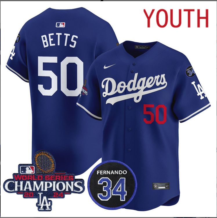 Youth MLB Los Angeles Dodgers  #50 Betts blue2024 World Series Champions Patch Limited Jersey->youth mlb jersey->Youth Jersey